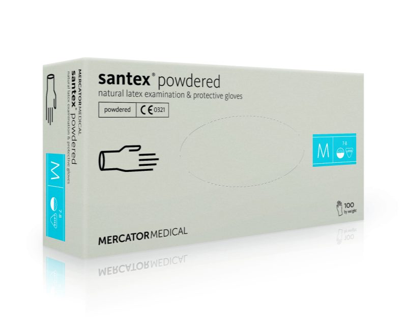 Manusi latex de unica folosinta, albe, latex, Santex, 100 bucati/cutie, pudrate, nesterile, marimi S, M
