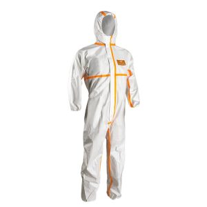Combinezon Coverchem 4M40, alb, polipropilena, Coverguard, cu gluga, antistatic, protectie pulberi, spray-uri lichide, stropi inalta presiune, substante chimice, pericole biologice, particule radioactive, microorganisme, marimi S, M, L, XL, XXL, XXXL, CE, EN ISO 13982-1:2004 + A1:2010 Type 5, EN1073-2:2002, EN1149-5:2008, EN13034:2005 + A1:2009 Type 6, EN14126:2003, EN14605:2005 + A1:2009 Type 4