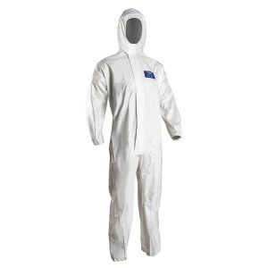 Combinezon Coverpro 5M30, alb, polipropilena, Coverguard, antistatic, protectie stropi si substante chimice, pulberi, pericole biologice, contaminari radioactive, marimi S, M, L, XL, XXL, XXXL, CE, EN ISO 13982-1:2004 + A1:2010 Type 5 {B}, EN1073-2:2002, EN1149-5:2008, EN13034:2005 + A1:2009 Type 6 {B}, EN14126:2003