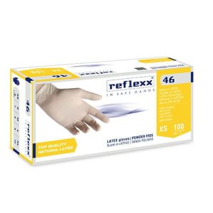 Manusi de unica folosinta R46, albe, latex, Reflexx, 100 bucati/cutie, nepudrate, protectie substante chimice, microorganisme, bacterii, ciuperci, virus, marimi S, M, L, XL