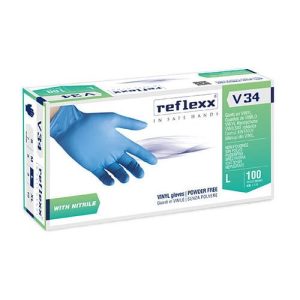 Manusi de unica folosinta v34, albastre, vinyl 80%, nitril 20%, Reflexx, nepudrate, 100 bucati/cutie, marimi S, M, L, XL