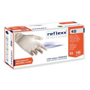 Manusi de unica folosinta R40, albe, latex, Reflexx, 100 bucati/cutie, pudrate, protectie substante chimice, microorganisme, bacterii, ciuperci, virus, marimi S, M, L