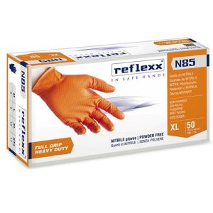 Manusi nitril pentru mecanici RN85, portocalii, Reflexx, 50 bucati/cutie, protectie substante chimice, microorganisme, marimi M, L, XL