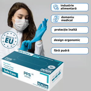 Manusi nitril de unica folosinta albastre nepudrate Safe Care 0,07mm, 100 buc/cutie, produse in UE