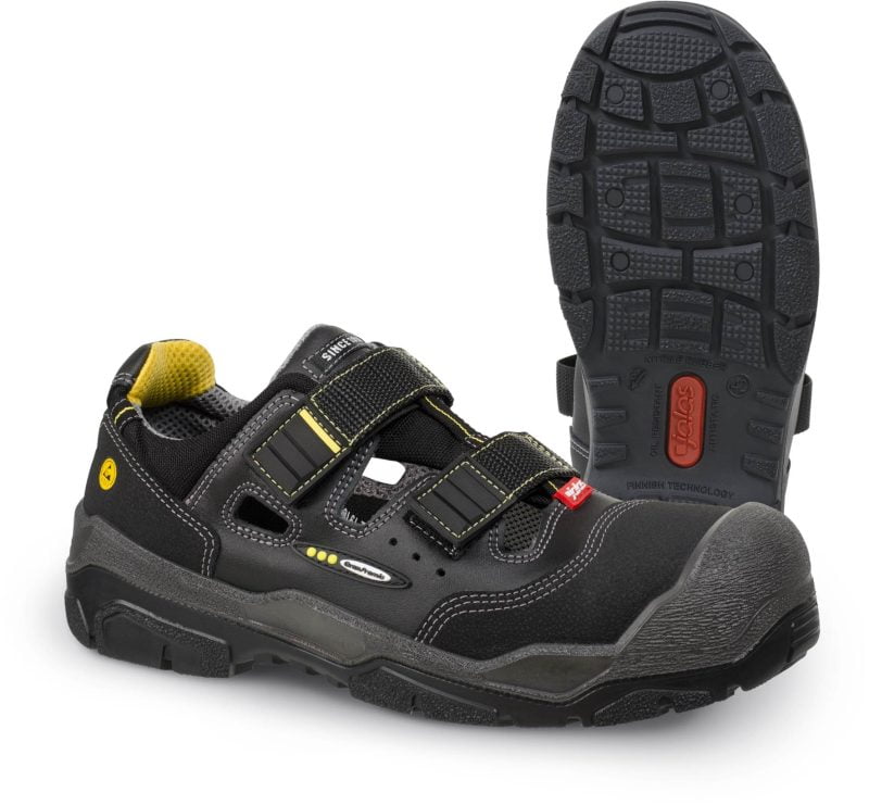 Sandale din piele acoperită cu pu,  încălţăminte de protecţie bombeu aluminiu jalas gran premio 1518 antislip +, protecție s1,p,src,hro, mărimi 35 – 50, culoare negru,gri,galben