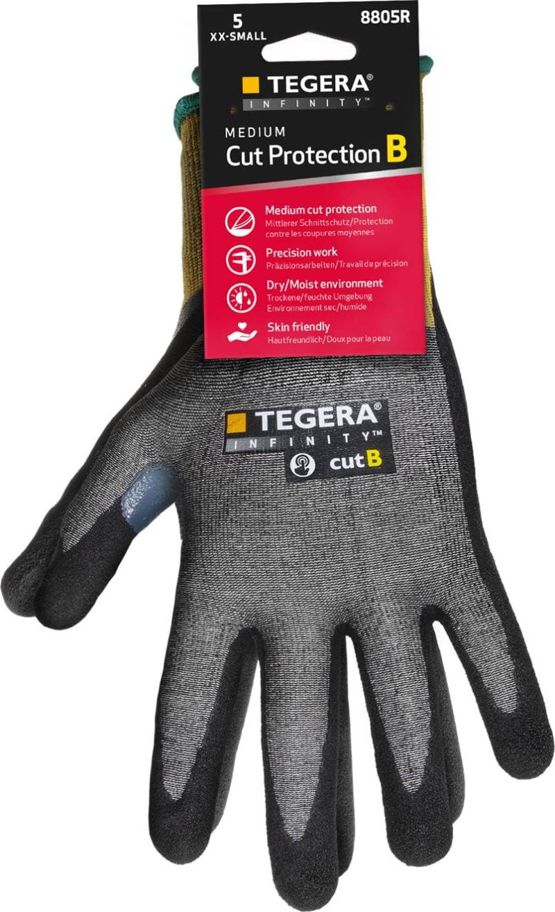 Mănuşi rezistente la tăiere pentru manipulări ușoare tegera infinity 8805r , grad protectie cat. ii, marimi 6 – 11, culoare gri,galben