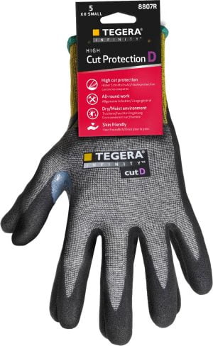 Mănuşi rezistente la tăiere pentru manipulări medii tegera infinity 8807r , grad protectie cat. ii, marimi 6 – 11, culoare negru,galben
